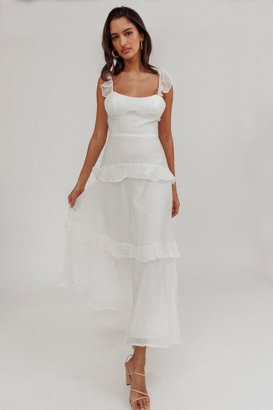 Elegant White Band Detailed Ruffle Back Tie-Up Maxi Dress