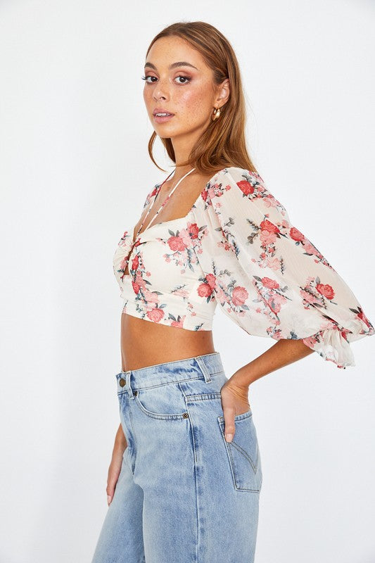 Fashion Off Shoulder Red Floral Print Halter Tie-Up Crop Top with Bell Sleeve