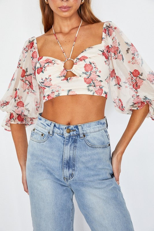 Fashion Off Shoulder Red Floral Print Halter Tie-Up Crop Top with Bell Sleeve