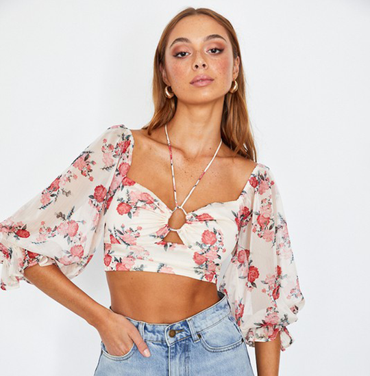 Fashion Off Shoulder Red Floral Print Halter Tie-Up Crop Top with Bell Sleeve