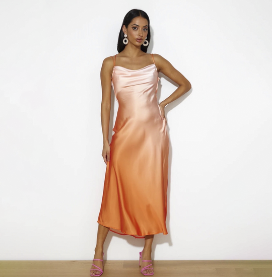 Elegant Strap Orange Watercolor Satin Maxi Dress