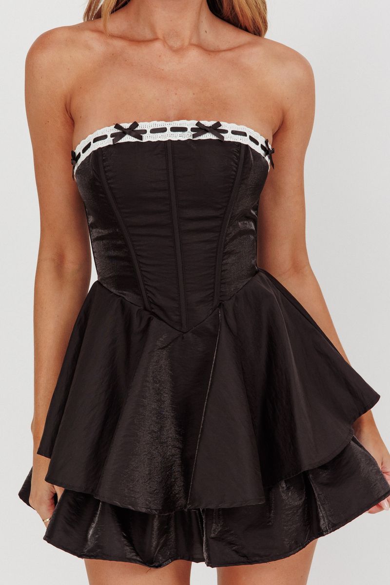 Elegant Strapless Black Satin Bow Detailed Couture Corset Ruffle Romper