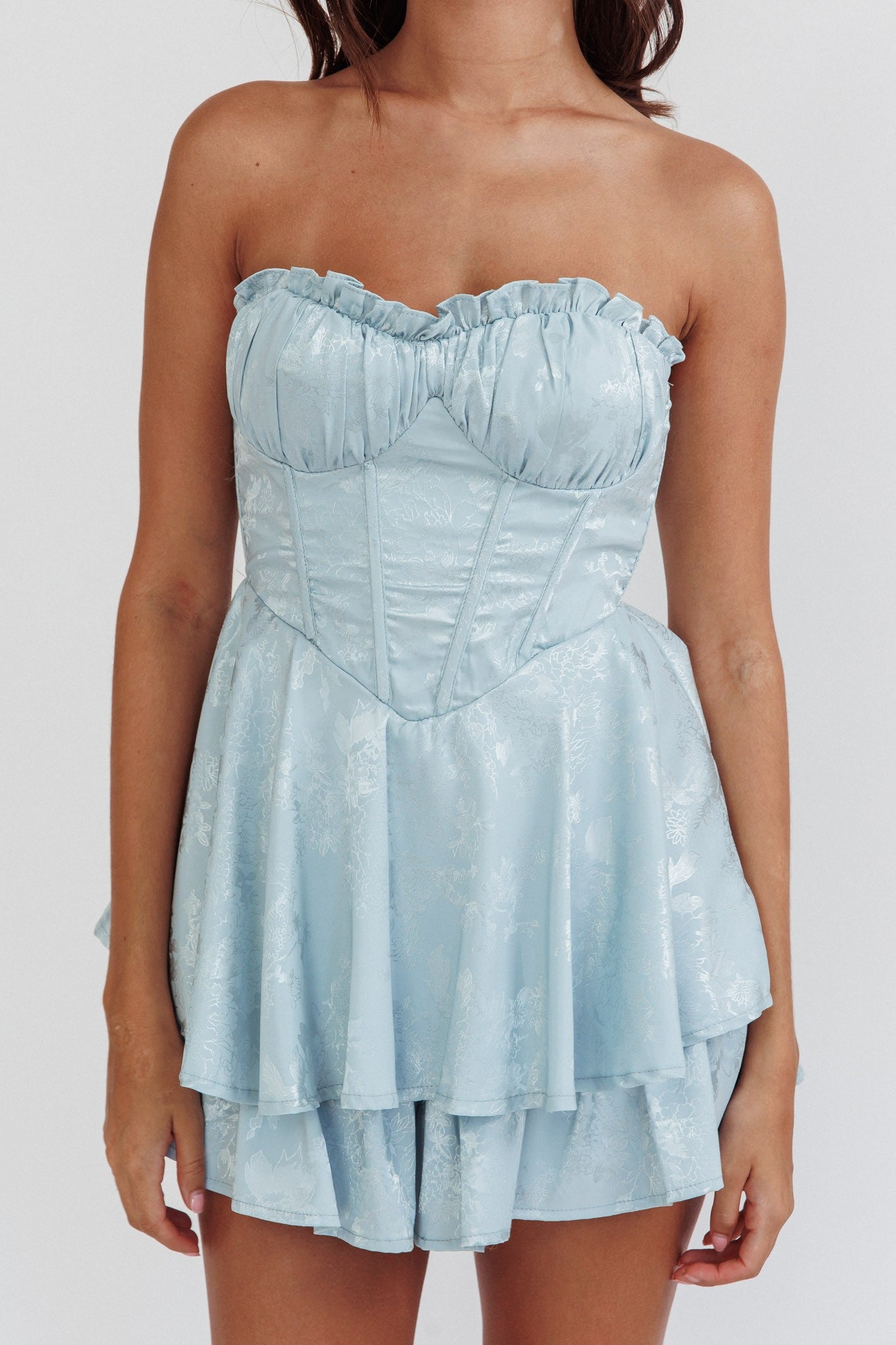 Elegant Strapless Baby Blue Satin Floral Print Couture Corset Ruffle Romper