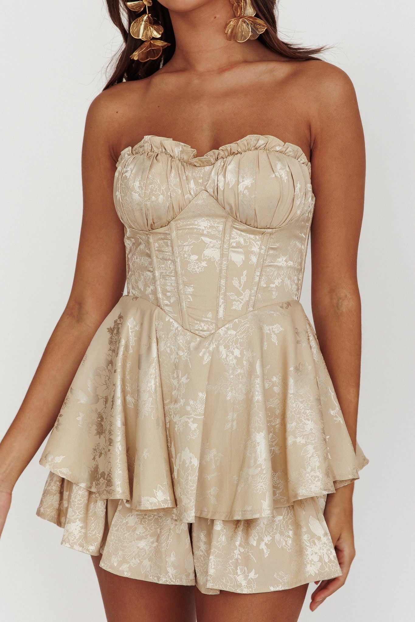 Elegant Strapless Champagne Satin Floral Print Couture Corset Ruffle Romper