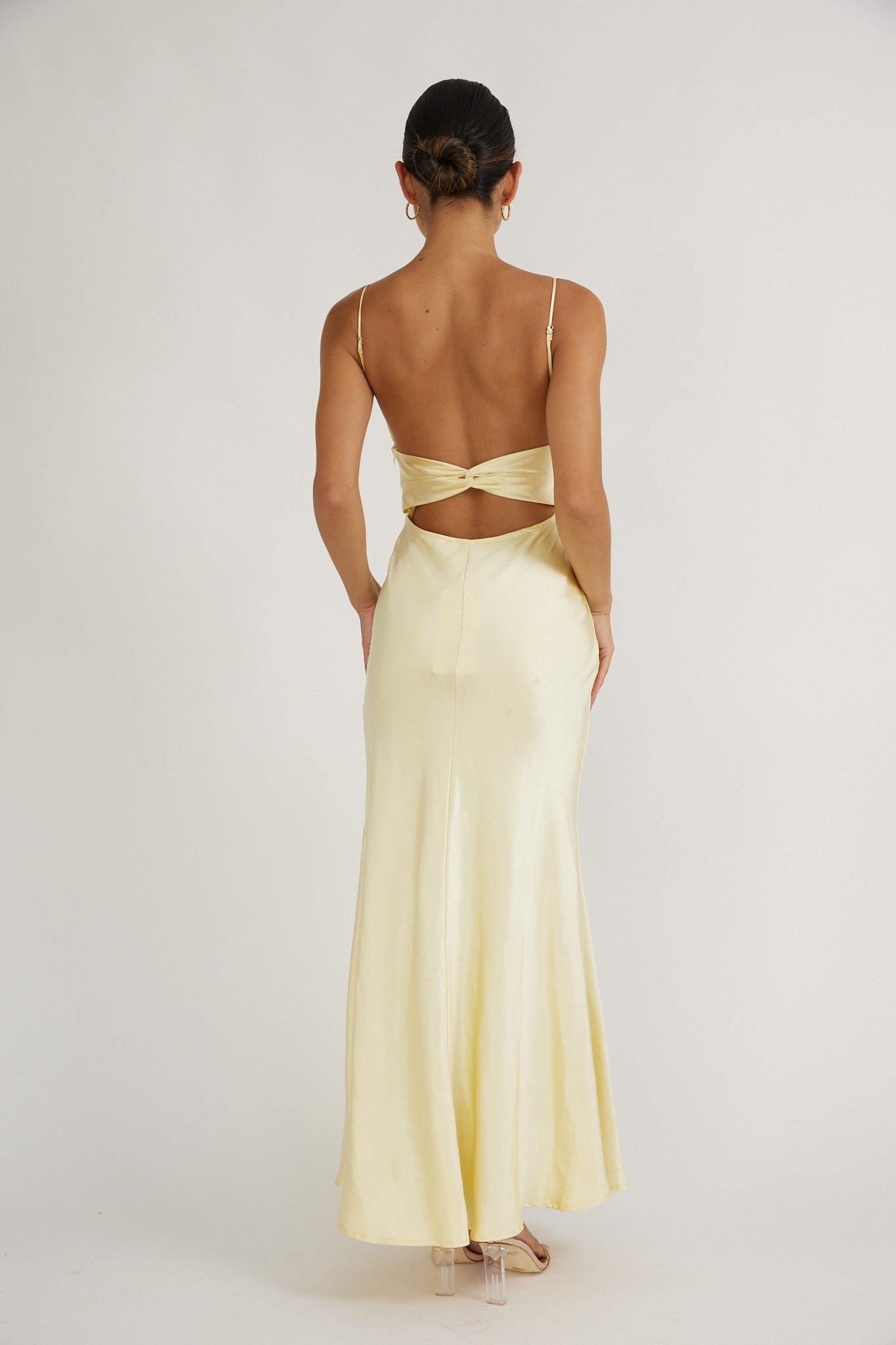 strapless satin open back maxi dress in gold Long Strapless Satin Sheath Dress with Draped Waist and Open Back