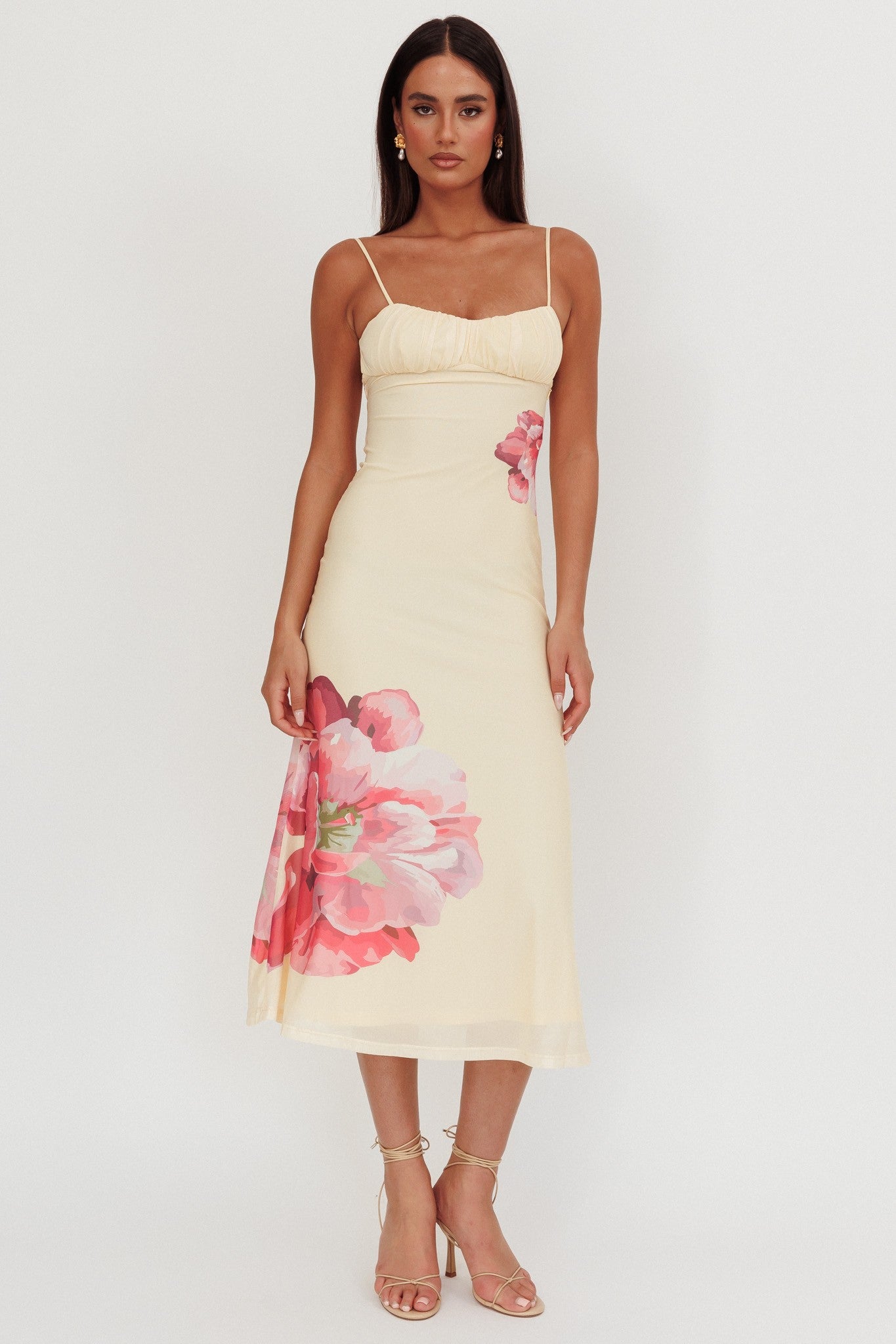 Elegant Strap Yellow Floral Print Open Back Twist Detailed Midi Dress