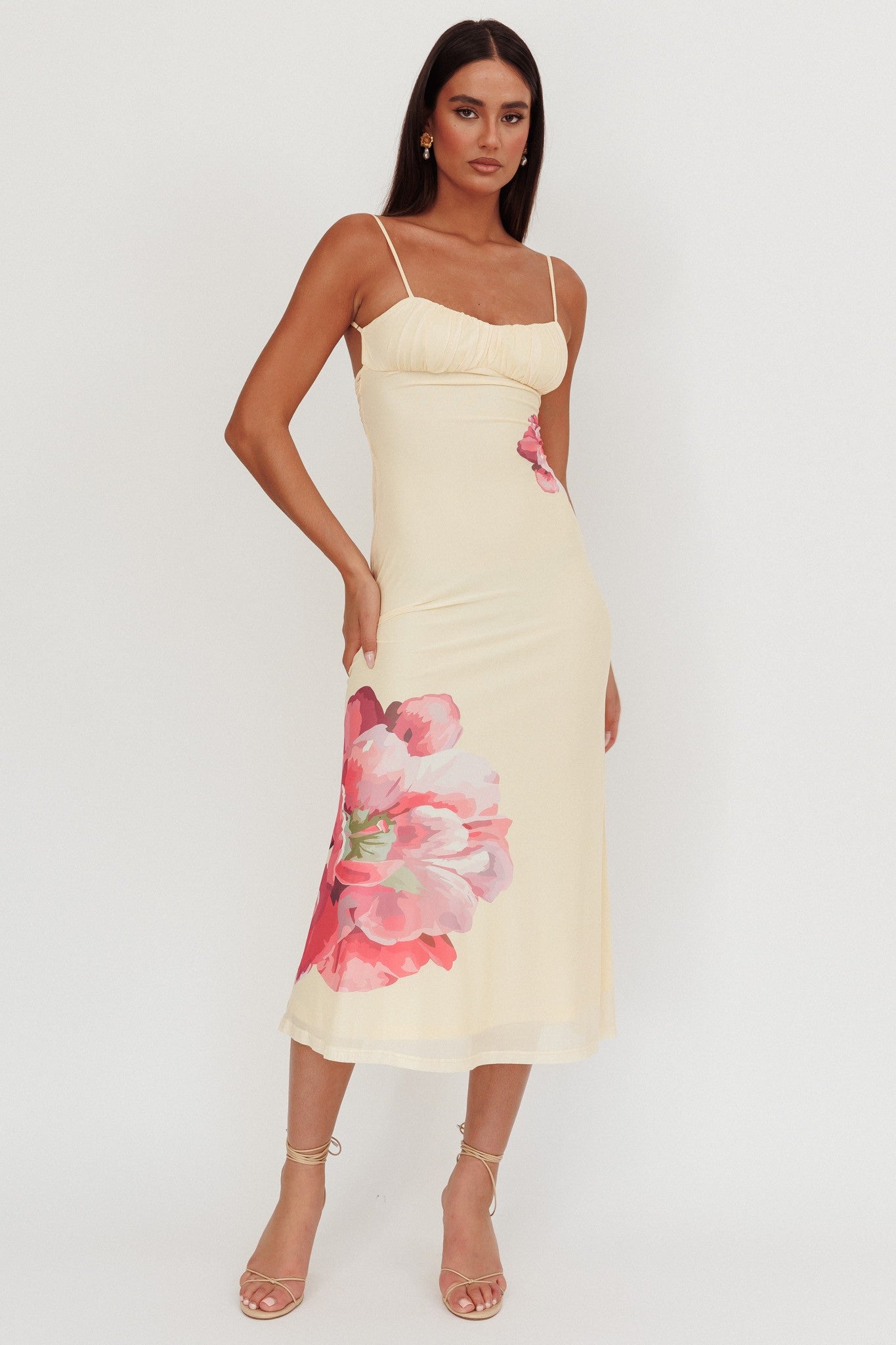 Elegant Strap Yellow Floral Print Open Back Twist Detailed Midi Dress