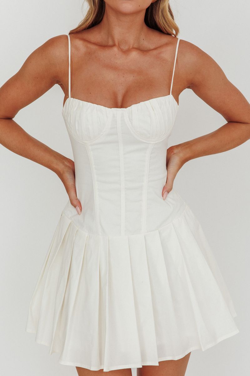 Fashion Strap White Boning Detailed Corset Ruffle Layered Dress