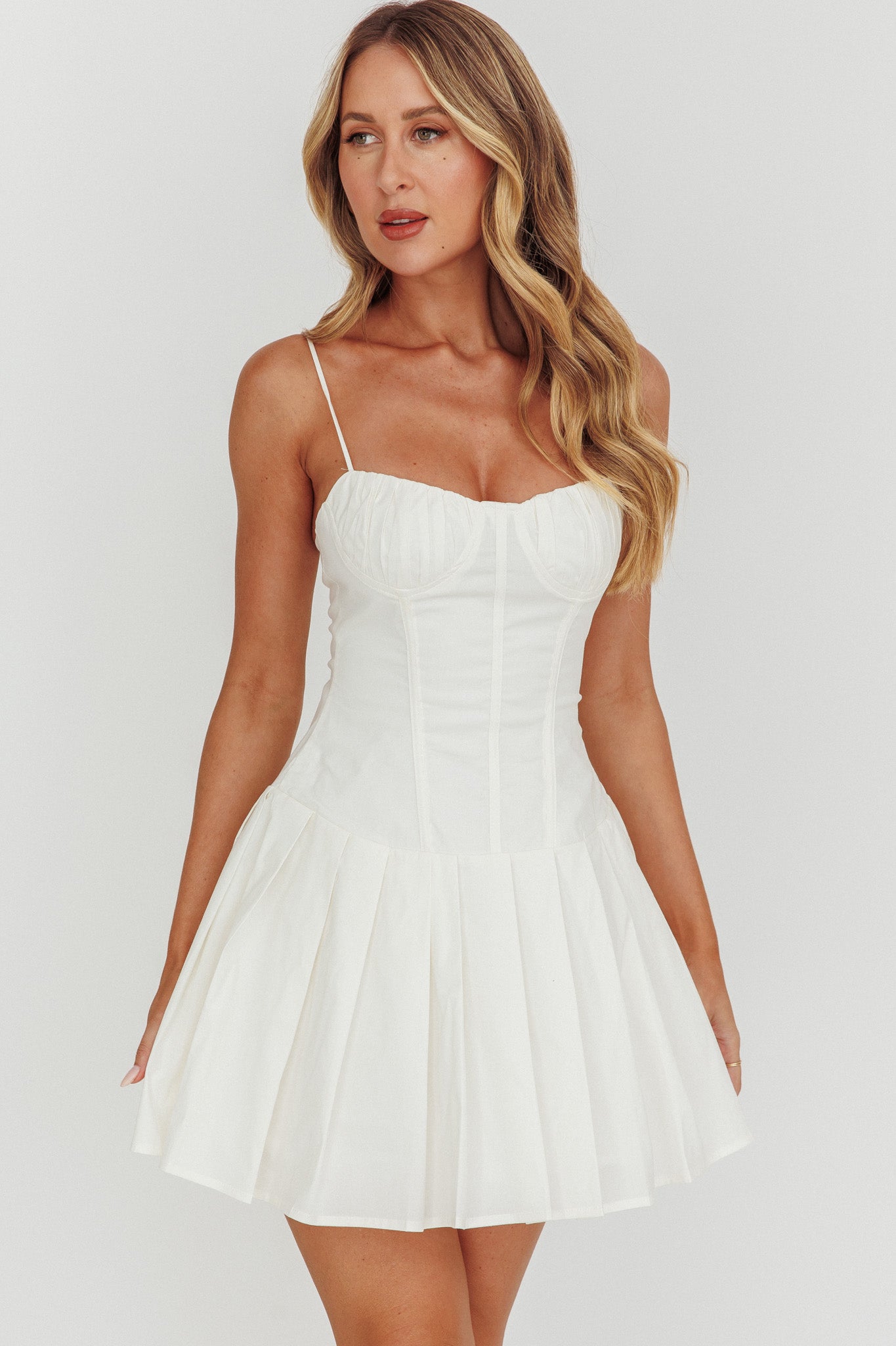 Fashion Strap White Boning Detailed Corset Ruffle Layered Dress