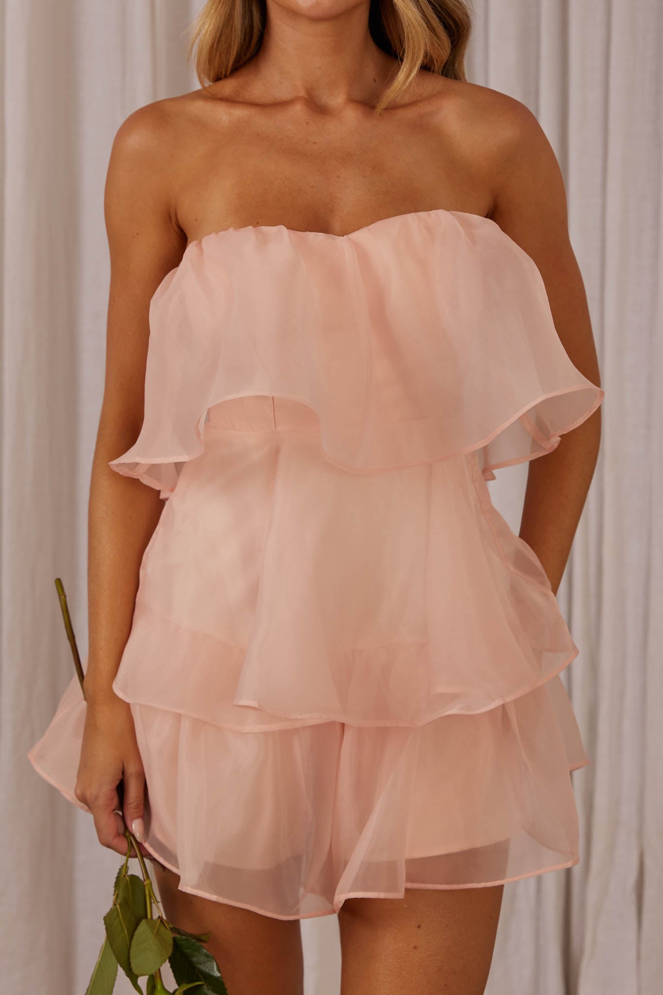 Elegant Strapless Pink Satin Ruffle Layered Romper