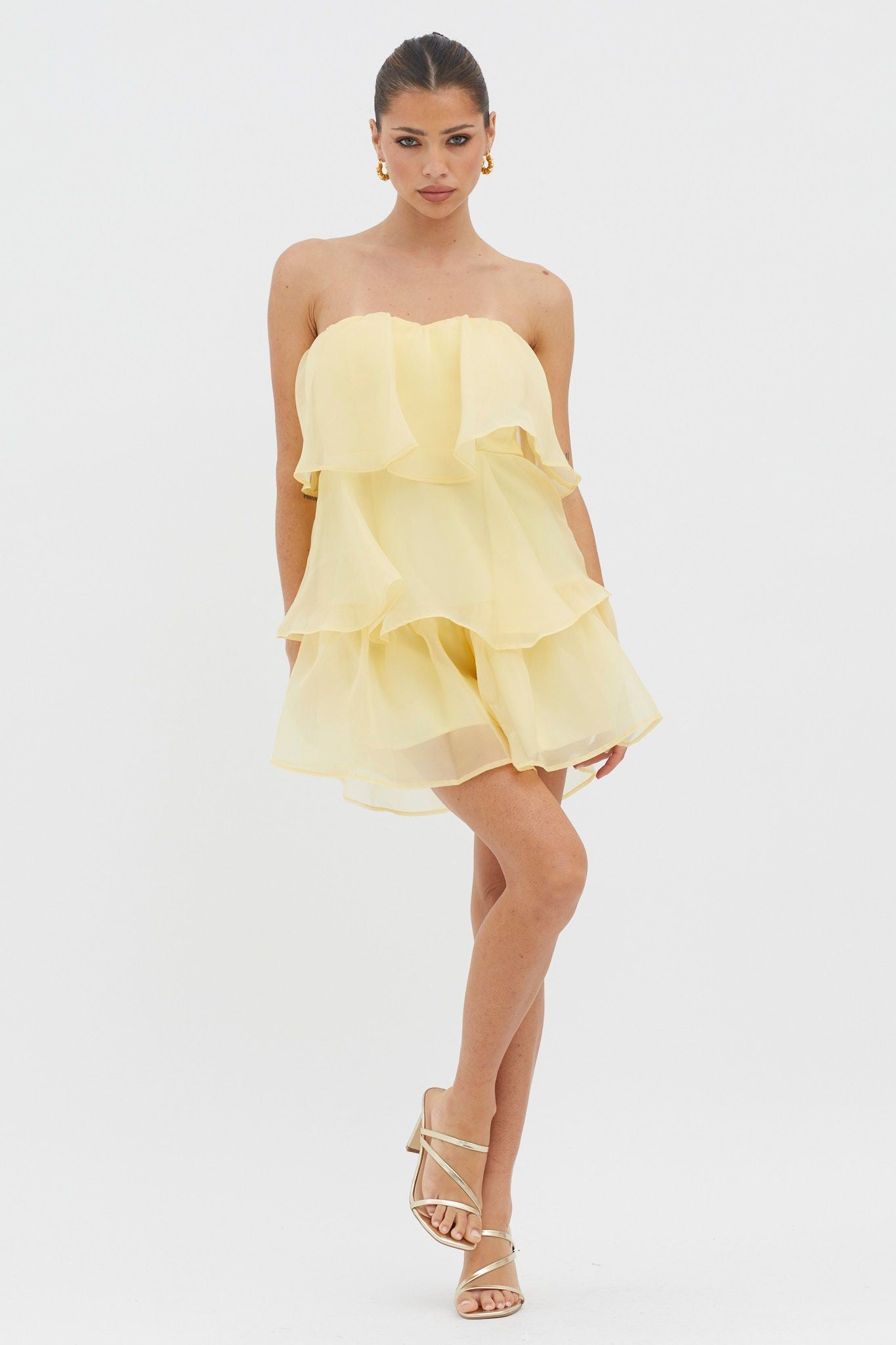 Elegant Strapless Yellow Satin Ruffle Layered Romper