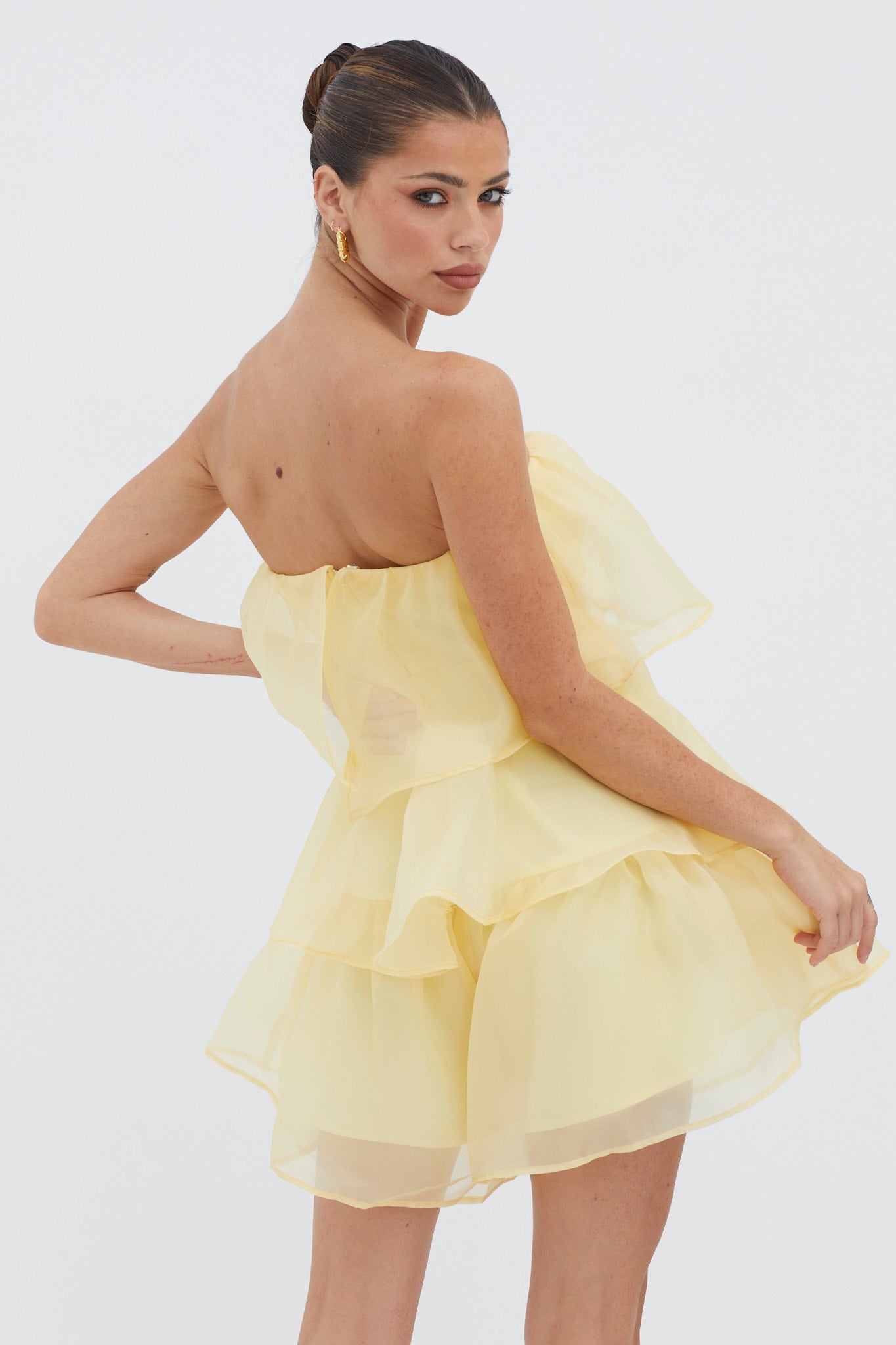 Elegant Strapless Yellow Satin Ruffle Layered Romper