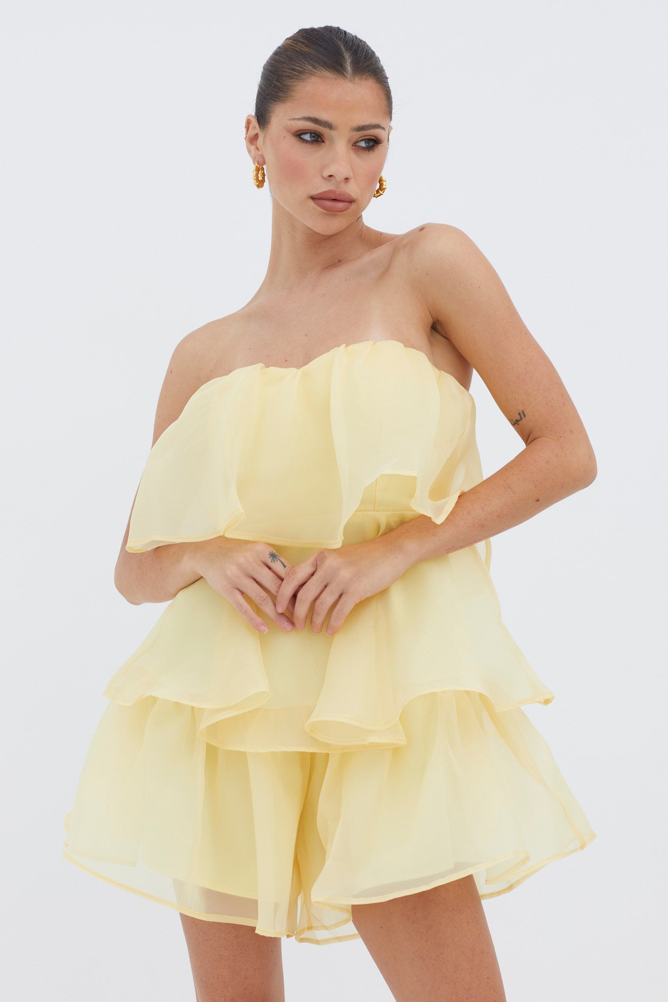 Elegant Strapless Yellow Satin Ruffle Layered Romper