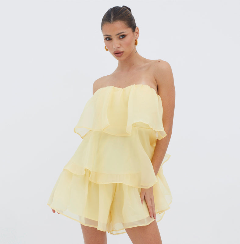 Elegant Strapless Yellow Satin Ruffle Layered Romper