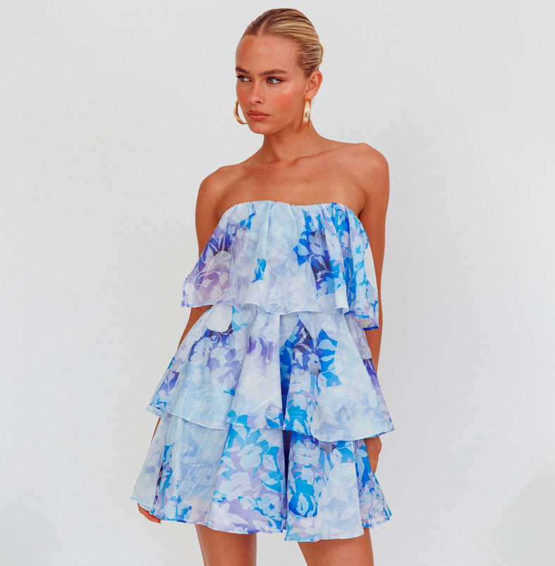 Fashion Summer Strapless Blue Floral Print Ruffle Layered Dress