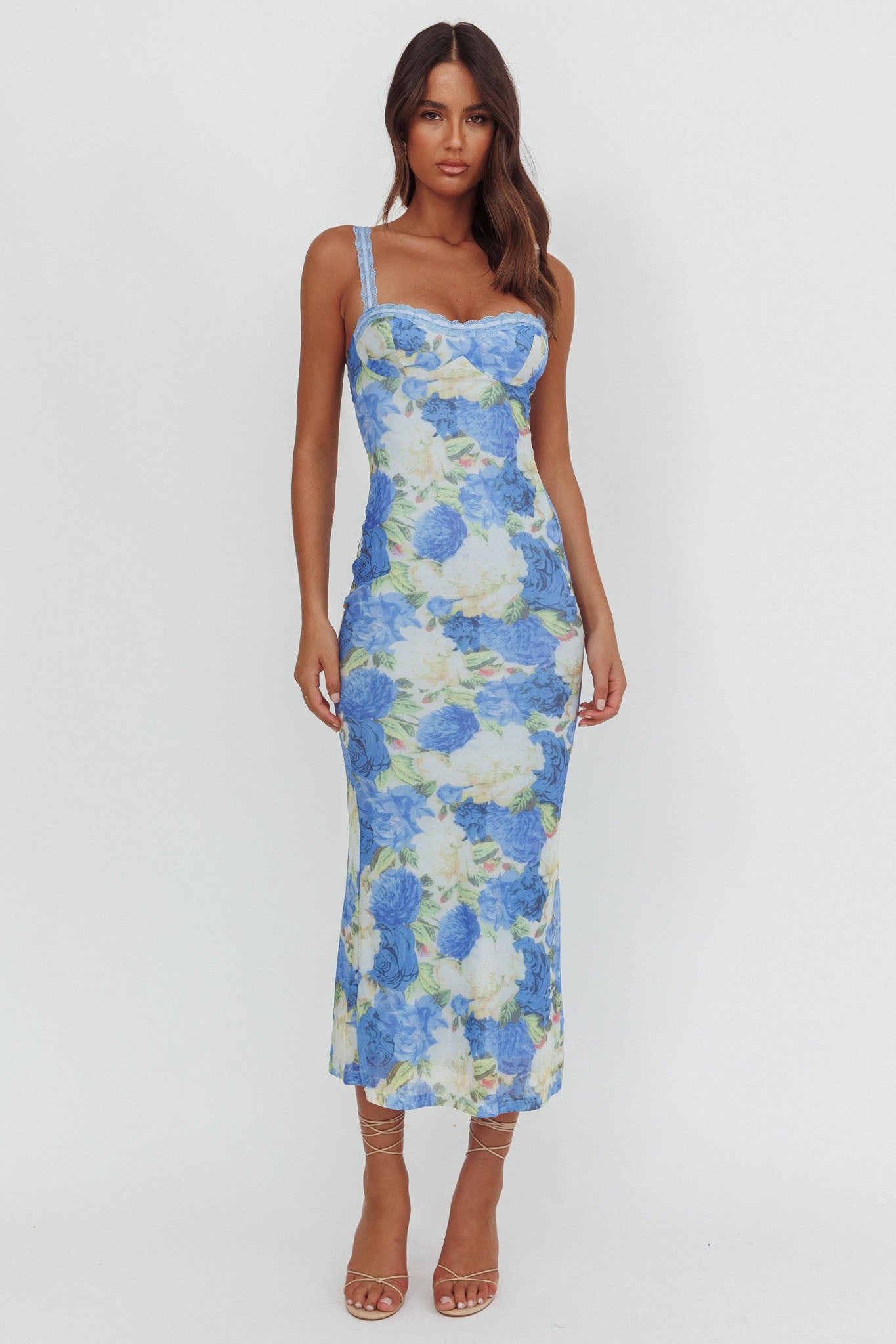 Elegant Strap Blue Floral Print Lace Detailed Maxi Dress