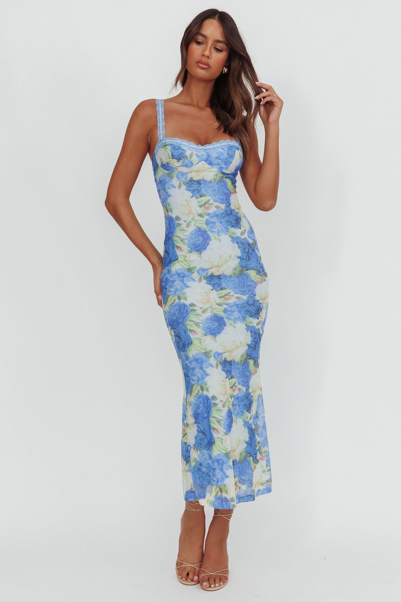 blue floral dress with belt Veda Strappy Back Ruffle Midi Dress Floral Blue