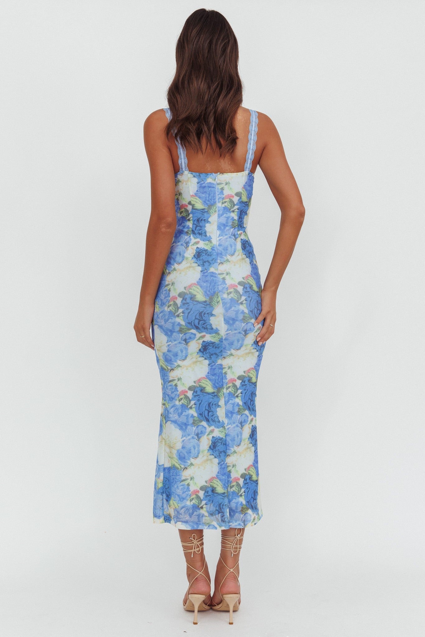 Elegant Strap Blue Floral Print Lace Detailed Maxi Dress