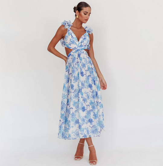Fashion Blue Floral Print Band Detailed V-Neck Ruffle Back Tie-Up Maxi Dress