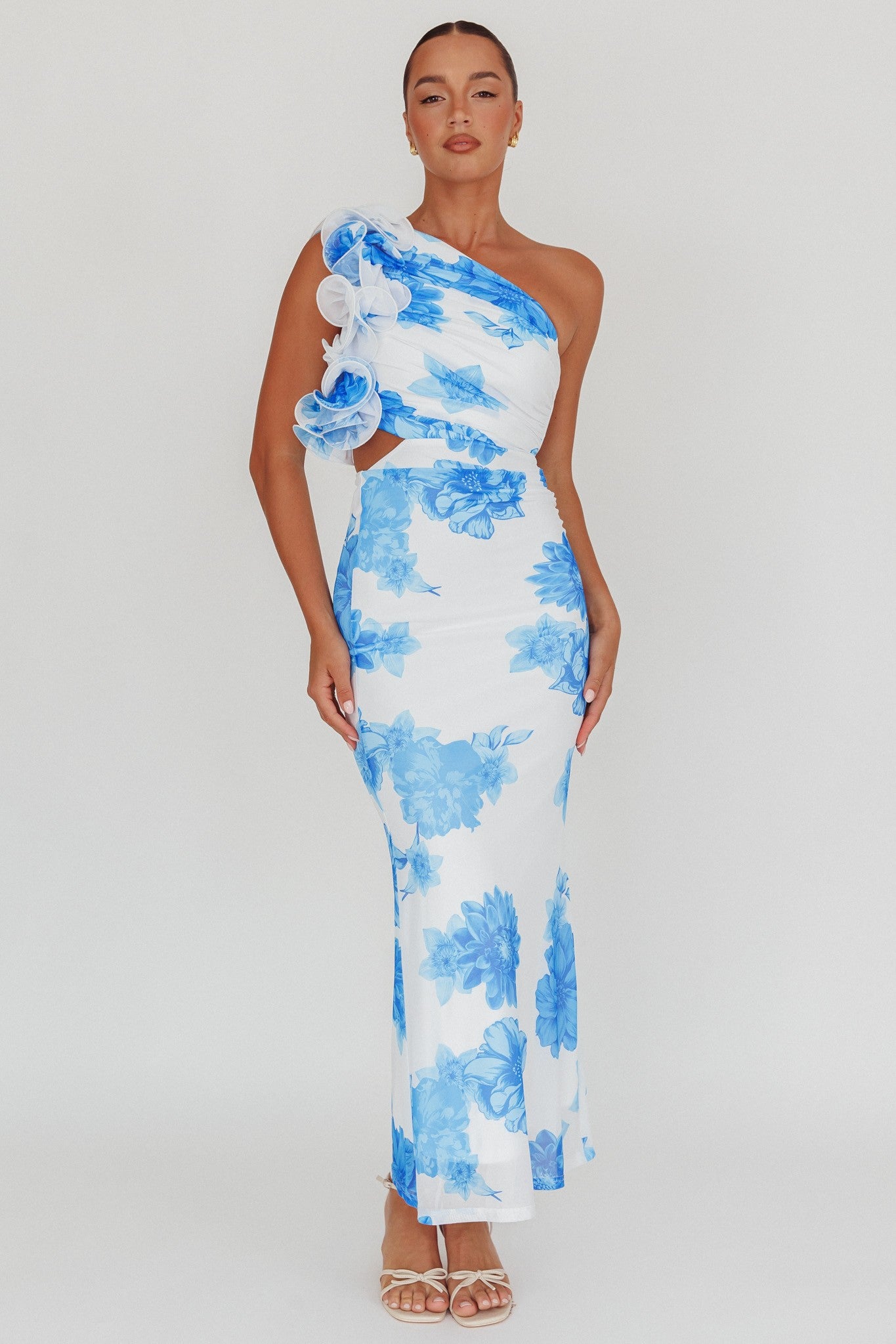 Fashion One Shoulder Blue Floral Print Band Detailed Ruffle Cut-Out Maxi Dress