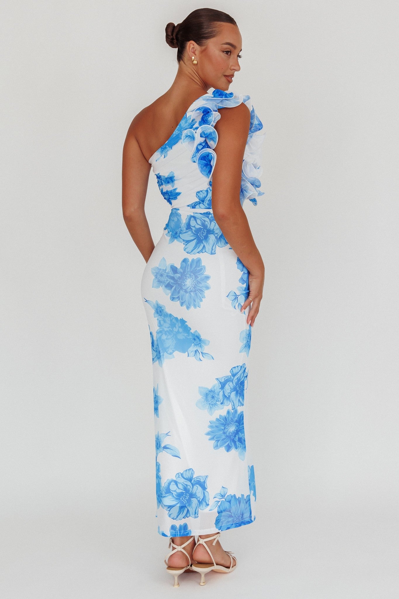 Fashion One Shoulder Blue Floral Print Band Detailed Ruffle Cut-Out Maxi Dress