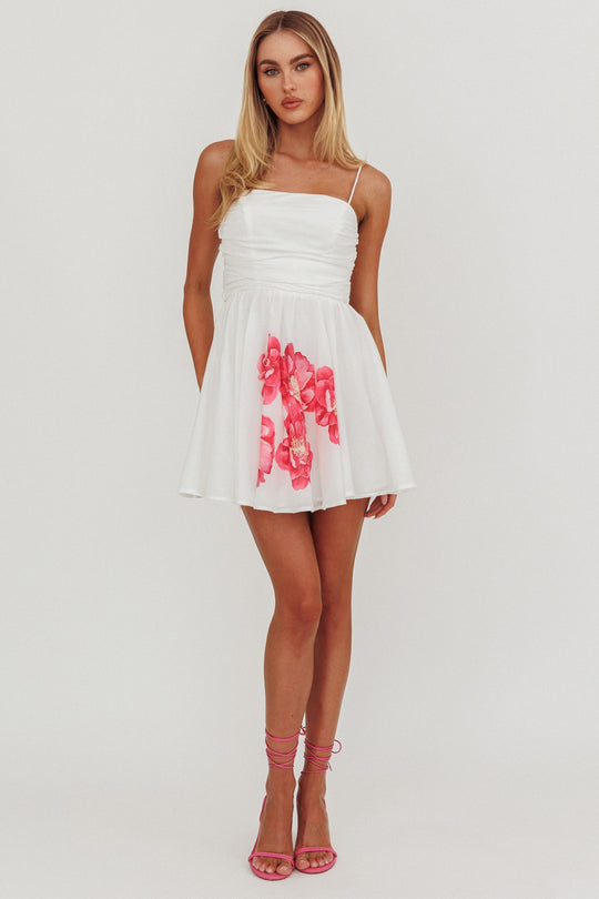 Fashion Strap White Floral Print Back Tie-Up Ruffle Mini Dress