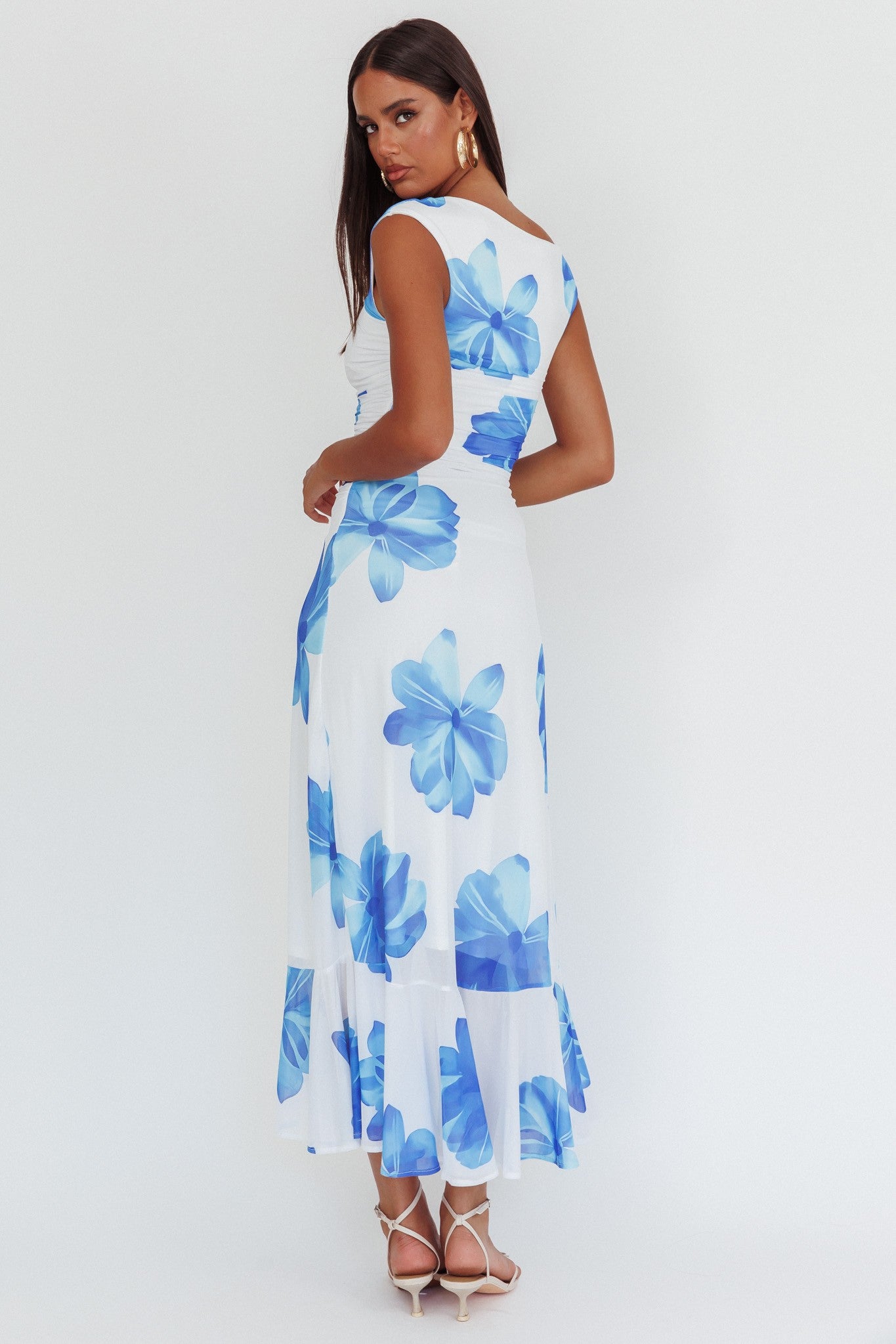 Fashion One Shoulder Blue Floral Print Ruffle Asymmetrical Maxi Dress with Middle Slit