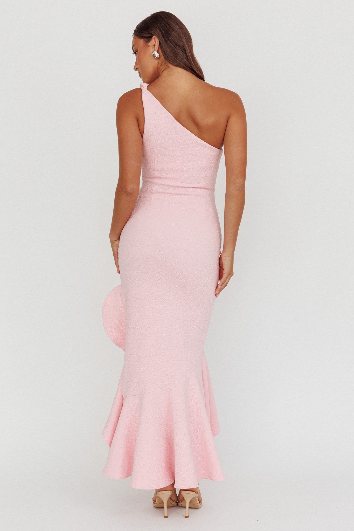 Fashion One Shoulder Twist Detailed Pink High Low Ruffle Maxi Dress