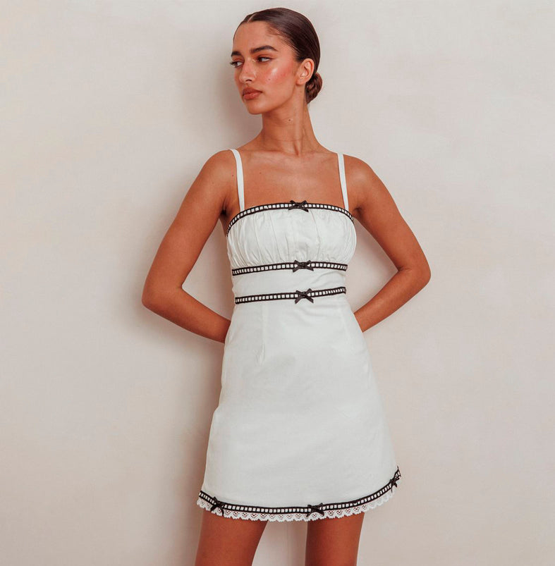 Fashion Strap White Contrast Bow Detailed Mini Dress