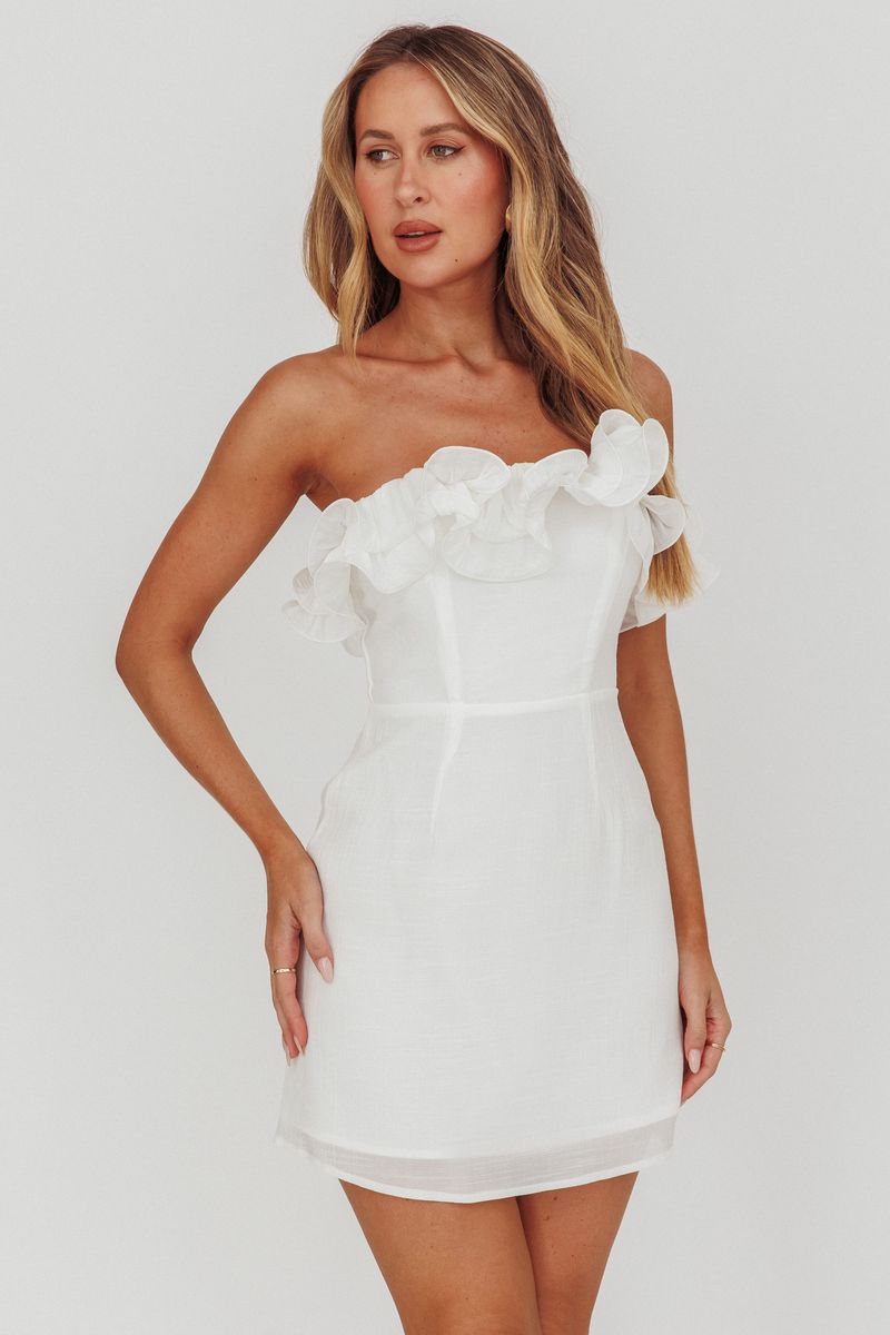 Elegant Summer Strapless White Ruffle Detailed Couture Corset Mini Dress