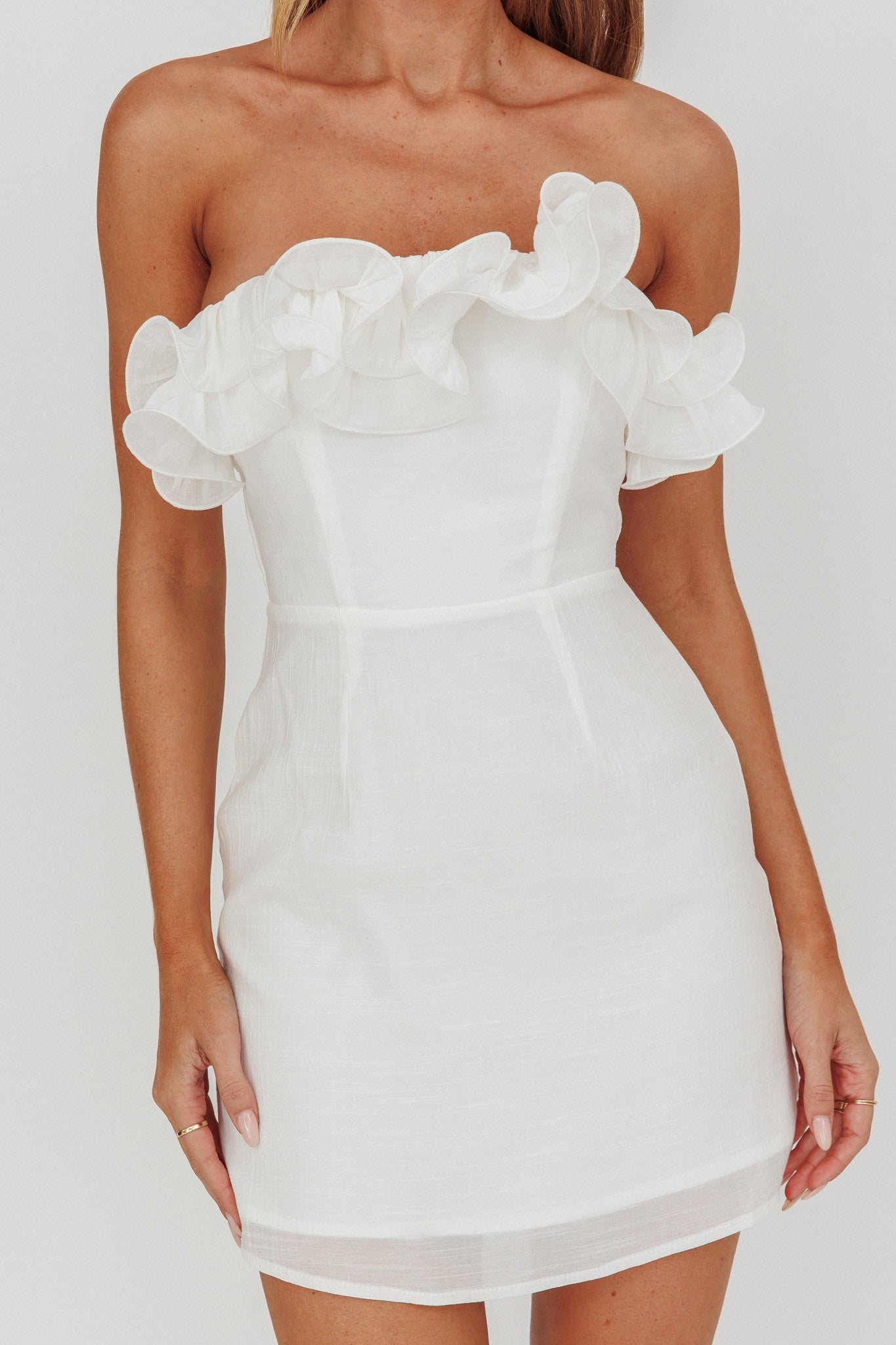 Elegant Summer Strapless White Ruffle Detailed Couture Corset Mini Dress