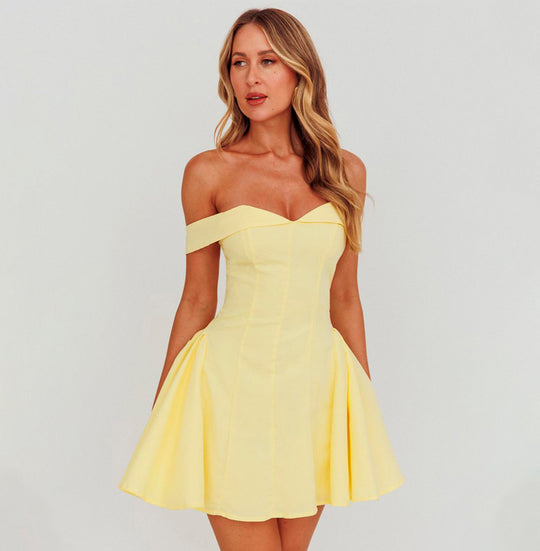 Fashion Off Shoulder Yellow Ruffle Layered Couture Corset Mini Dress