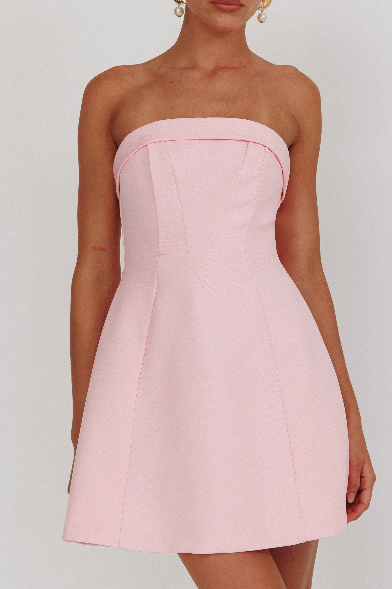 Elegant Strapless Light Pink Boning Detailed Corset Mini Dress