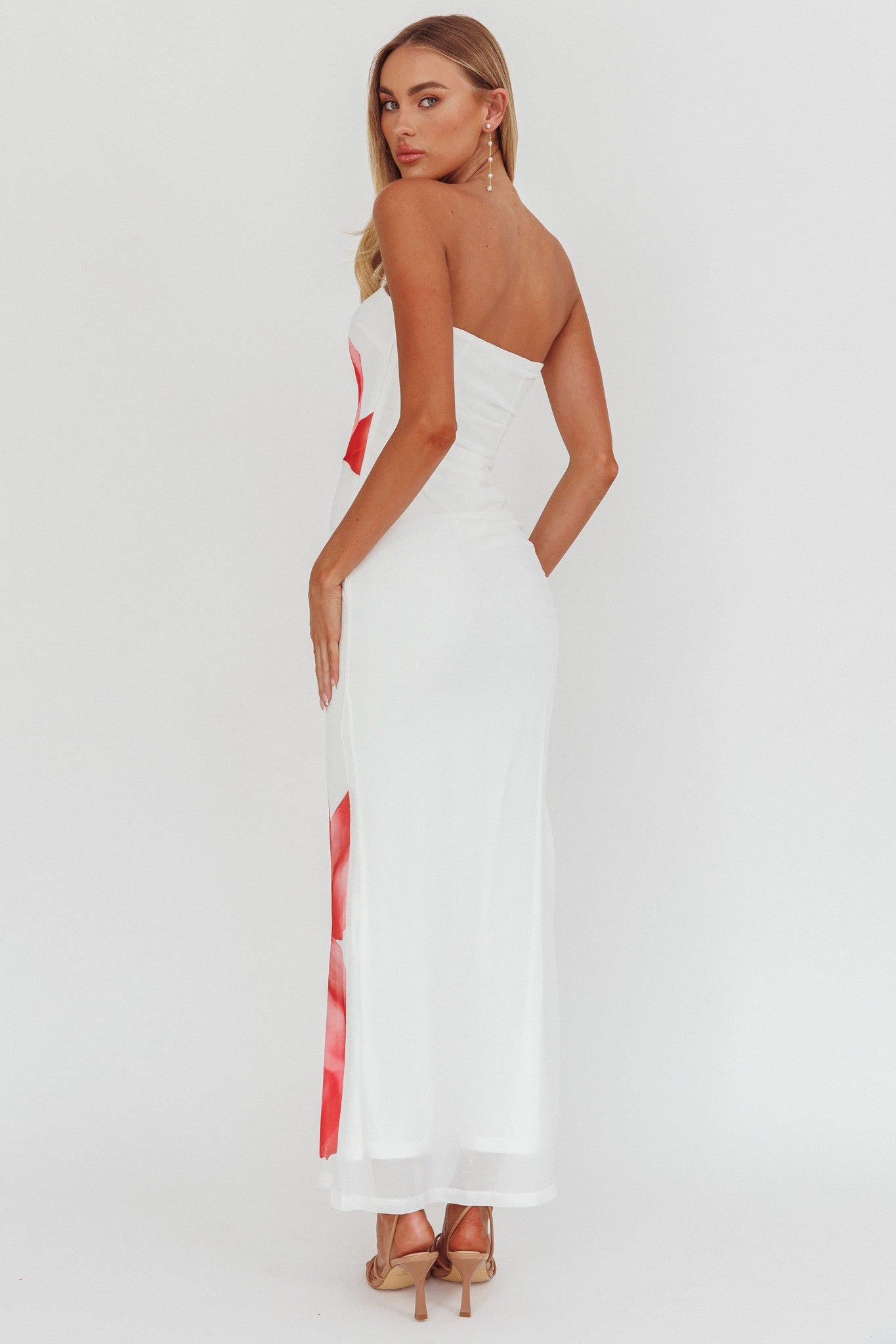 Elegant Strapless White Floral Print Maxi Dress