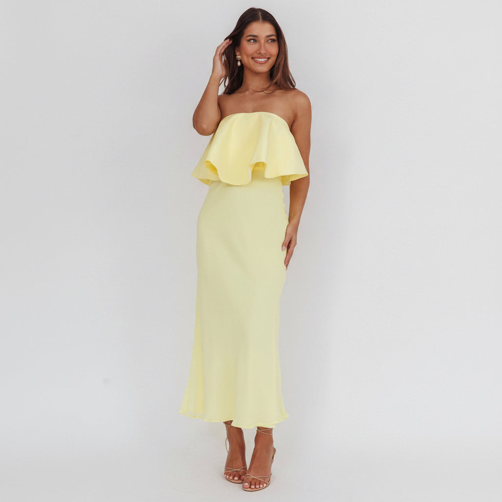 Elegant Strapless Panna Cotta Ruffle Open Back Midi Dress