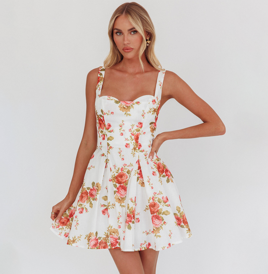 Fashion Summer Strap White Multi-Color Floral Print Layered Ruffle Corset Dress