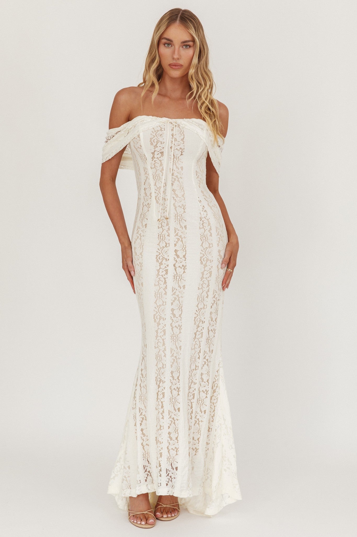 Elegant Off Shoulder Cream Floral Lace Detailed Ruffle Mermaid Maxi Dress