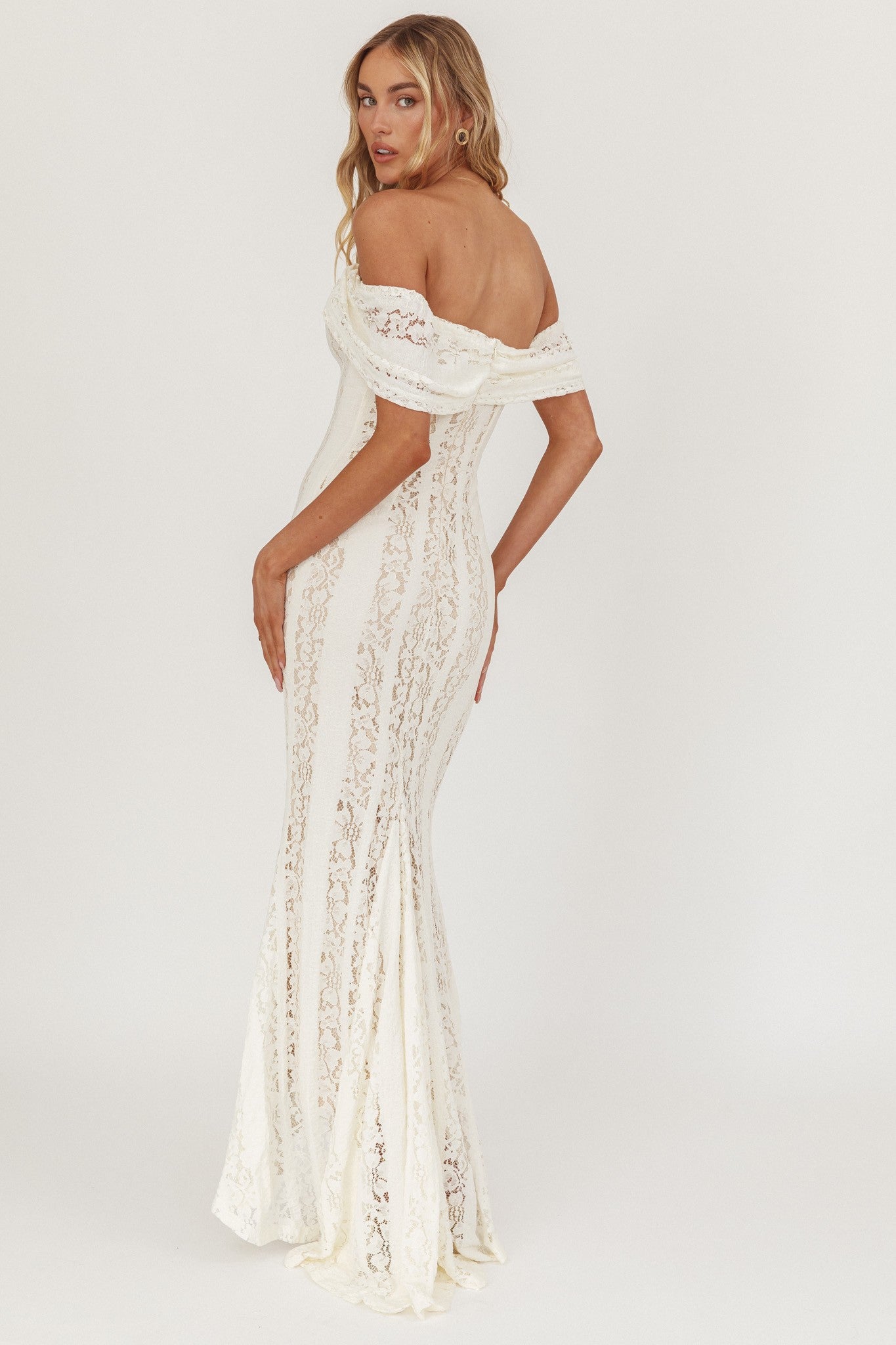 Elegant Off Shoulder Cream Floral Lace Detailed Ruffle Mermaid Maxi Dress