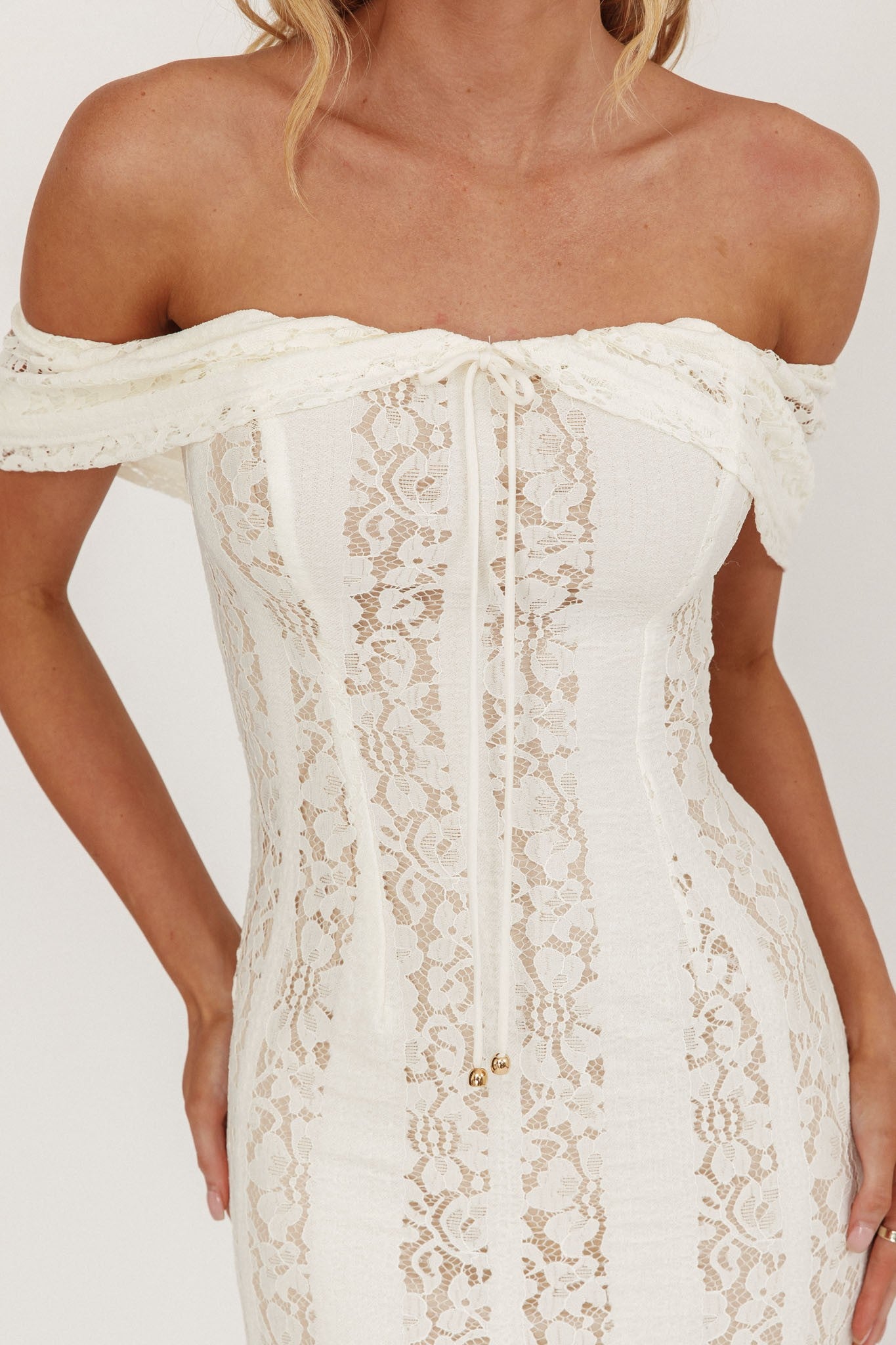 Elegant Off Shoulder Cream Floral Lace Detailed Ruffle Mermaid Maxi Dress