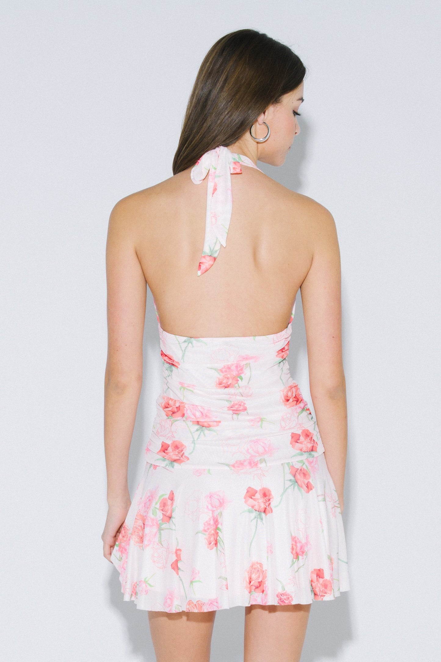 Fashion Halter Blush Floral Print Deep V-Neck Ruffle Mini Dress