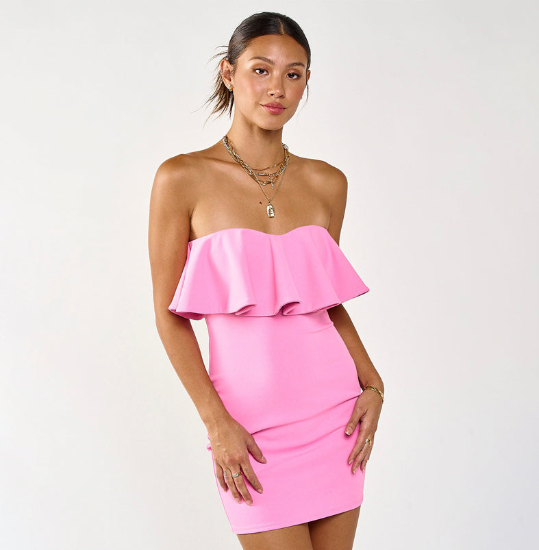 Fashion Strapless Pink Ruffle Bodycon Dress