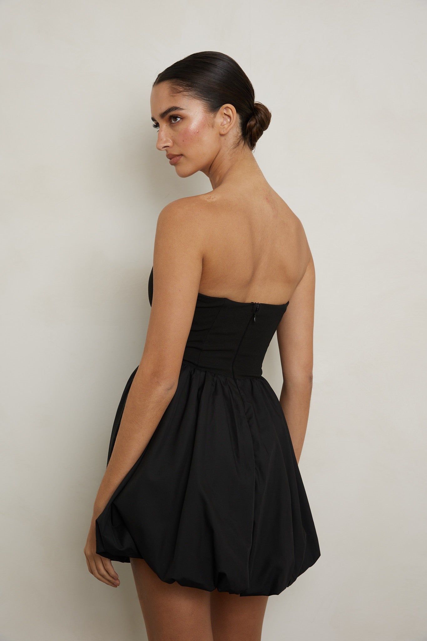 Elegant Strapless Black Boning Detailed Corset Ruffle Bubble Bottom Mini Dress