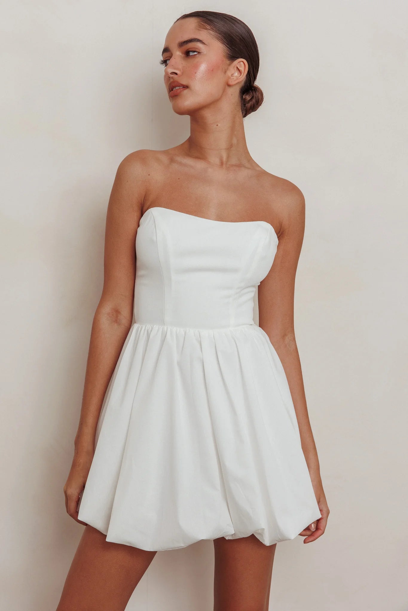 Elegant Strapless Off White Boning Detailed Corset Ruffle Bubble Bottom Mini Dress