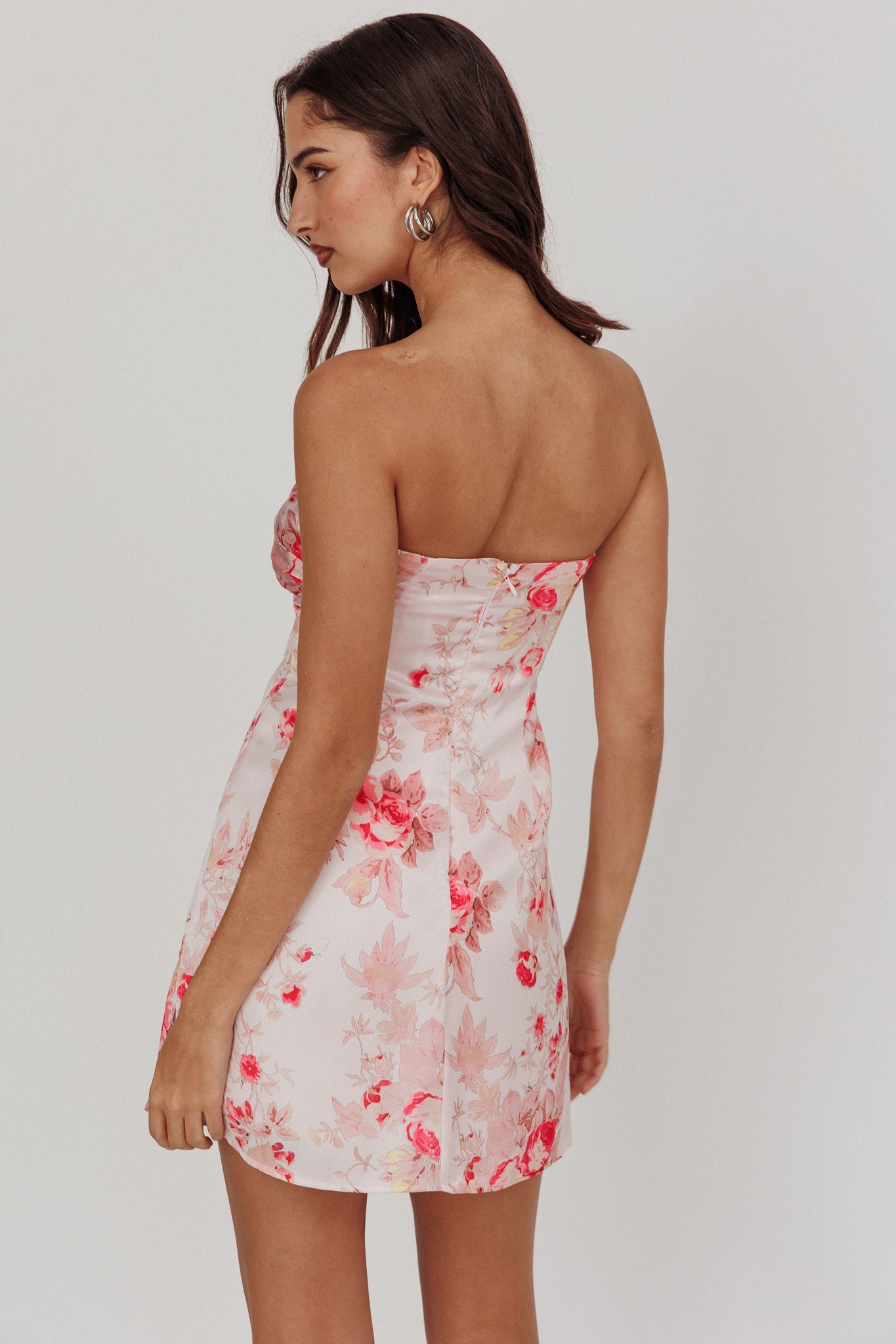 Fashion Pink Strapless Satin Floral Print Dress