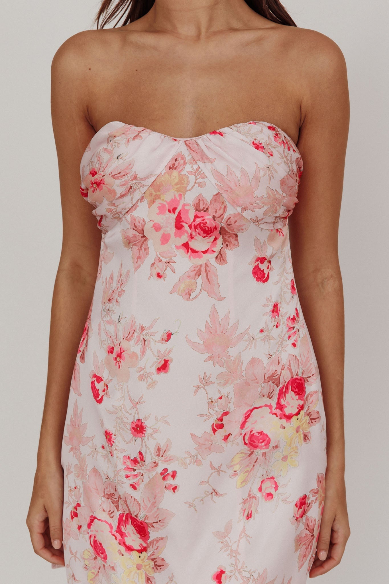 Fashion Pink Strapless Satin Floral Print Dress