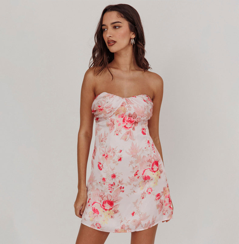 Fashion Pink Strapless Satin Floral Print Dress