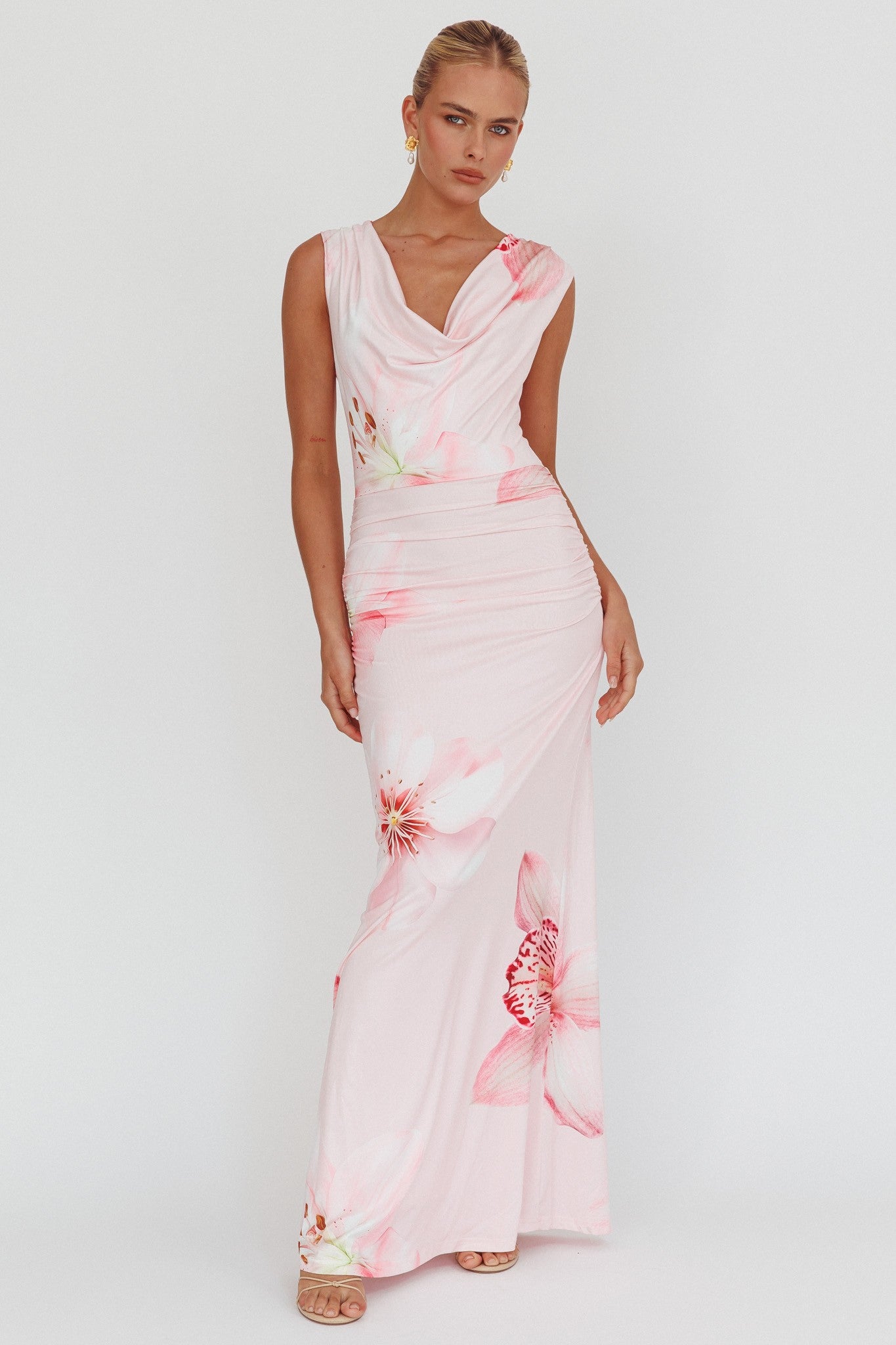 Elegant Pink Floral Print Satin Ruffle V-Neck Maxi Dress