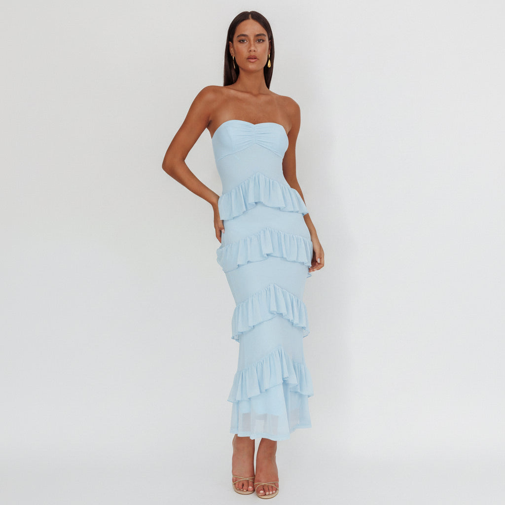 Elegant Blue Strapless Ruffle Layered Maxi Dress