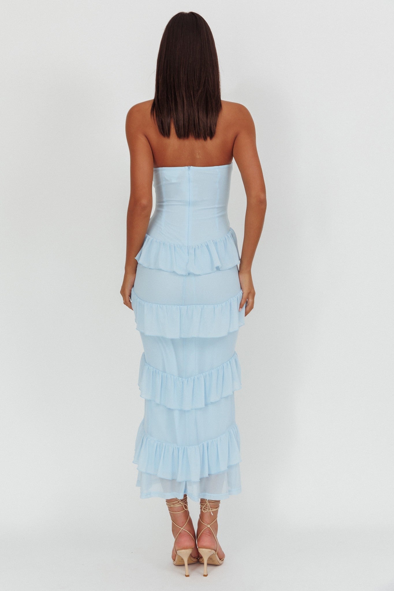 Elegant Blue Strapless Ruffle Layered Maxi Dress