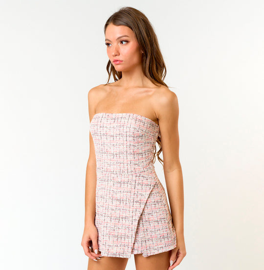 Elegant Strapless Pink Multi-Color Textured Detailed Romper